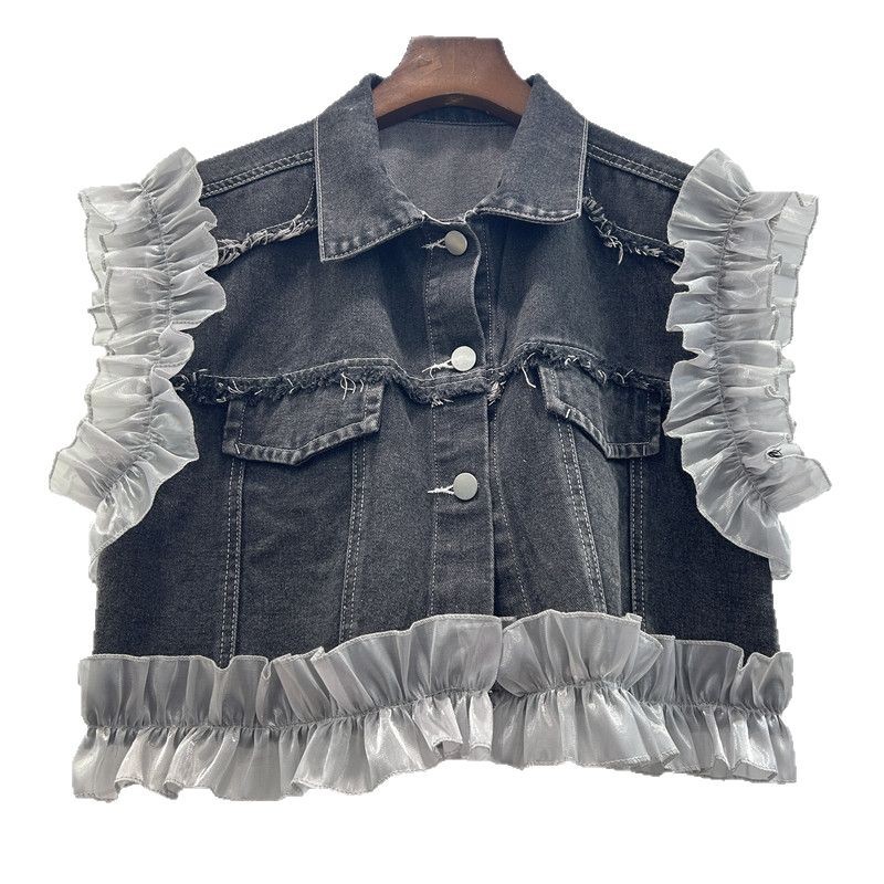 Pequeño borde de lótus costurado chaqueta de vaquín sin mangas de primavera 2025 cintura alta chaleco corto de chaleco de chaleco de chaleco image 5