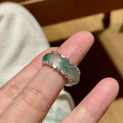 高冰飘花天然非洲翠镶钻指环套戒女925银镀金新中式素圈情侣戒指