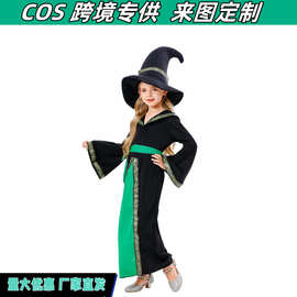 新款万圣节跨境cosplay巫婆服装 角色扮演跨境儿童绿色吸血鬼长裙