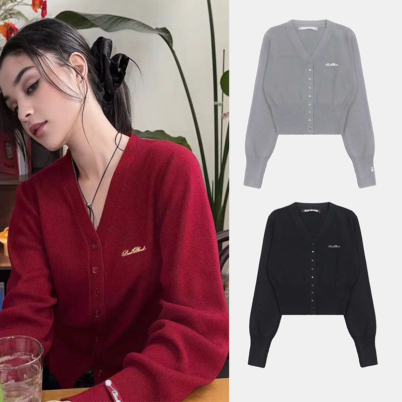 Badblood American Retro Casual Short Knitted Sweater Jacket Sexy Long-Sleeved V-Neck Cardigan 25 New Style for Women