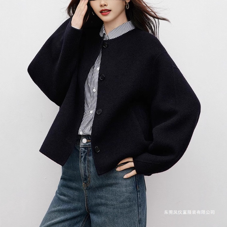 Merino Wool Coat 2025 Winter New Women's Short Outwear 90125310836 Navy Blue with Tag