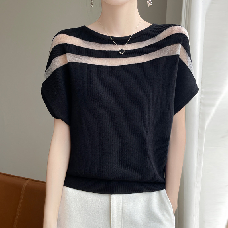 2025夏の新型欧根紗は氷の丸首のニットの半袖のtシャツの女性の薄いネットの上着の夏をつなぎ合わせます。