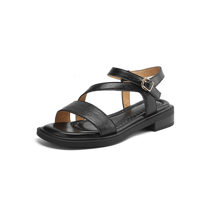 Sandal nữ quai ngang mũi hở đế bệt gót dày kiểu La Mã — nâu
