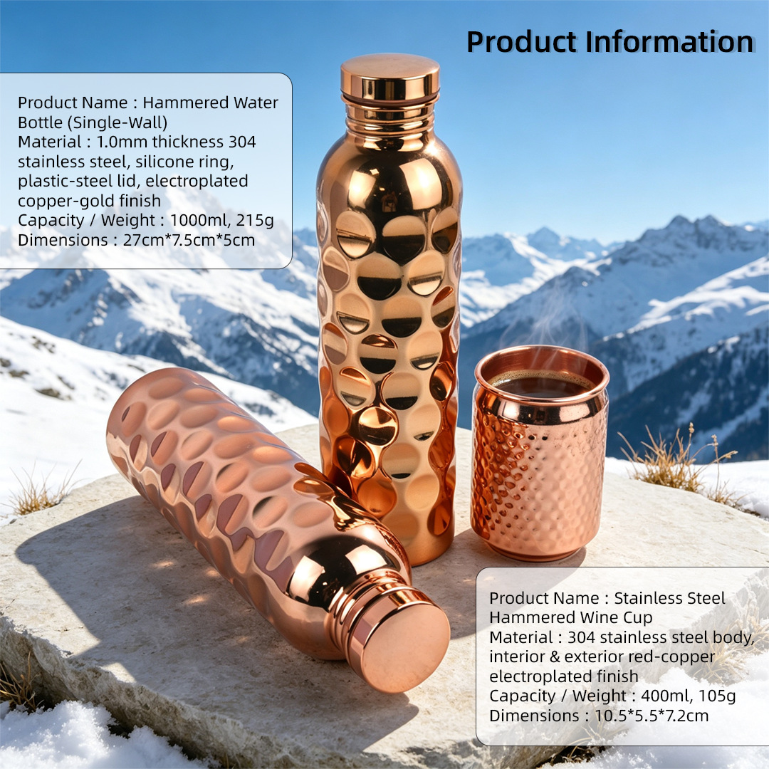 Large Capacity Copper-Plated Water Bottle 1000ml Dot Texture Health Water Bottle Picnic Camping Set Cup Copper-Plated Stainless Steel