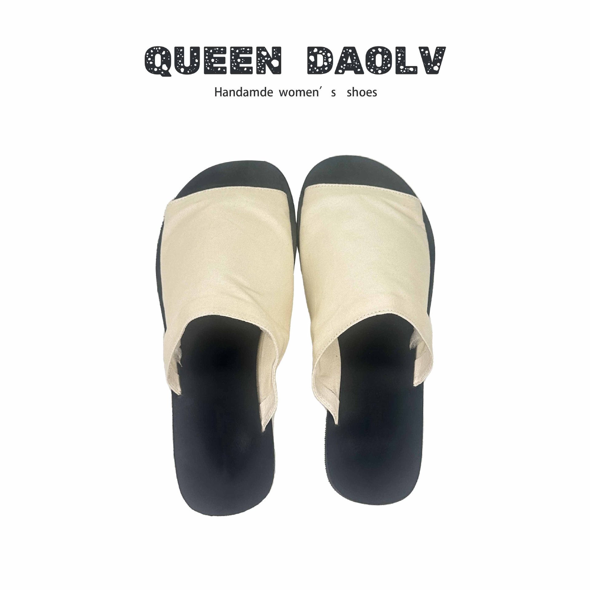 Queen Daolv 真皮帆布露趾拖鞋一字宽带高级感休闲平底套脚凉鞋女