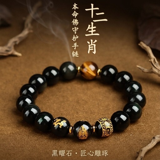 Natural obsidian zodiac guardian bracelet with tiger eye stone and agate six-character mantra beads for men and women Natural obsidian zodiac guardian bracelet with tiger eye stone and agate six-character mantra beads for men and women