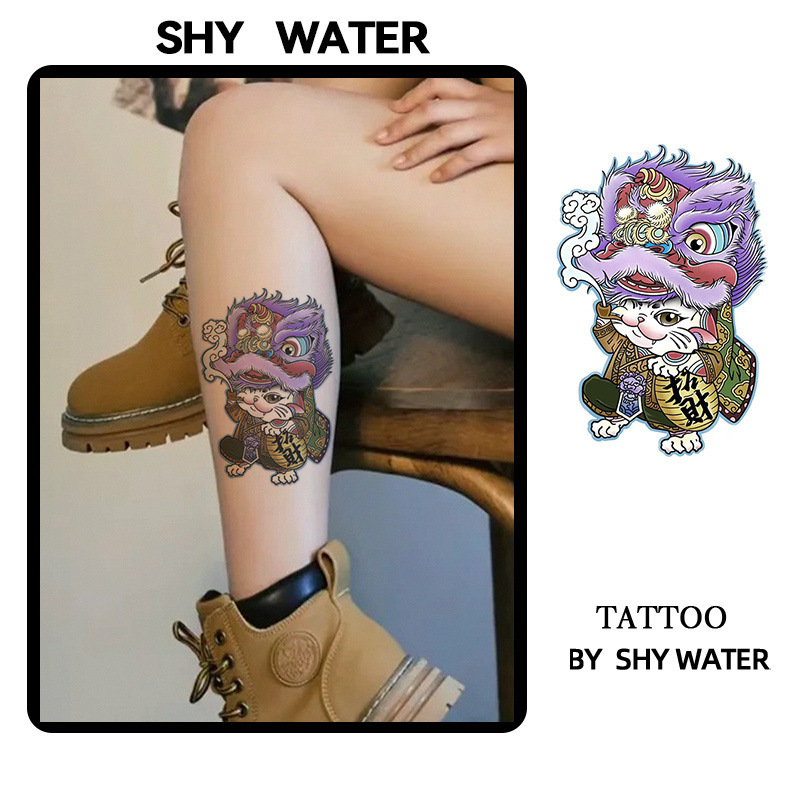 New Chinese Style Lion Dance Lucky Cat Colorful Tattoo Sticker Ins Cute High-End Waterproof Long-Lasting Arm Artificial Scar Cover for Women
