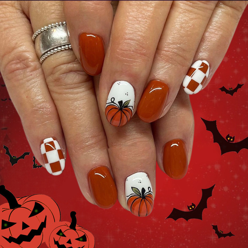 Short Shiny Oval Halloween Pumpkin Plaid Dirty Orange Press Wear Armor 2024 New Halloween 24 Pieces Short Shiny Oval Halloween Pumpkin Plaid Dirty Orange Press Wear Armor 2024 New Halloween 24 Pieces