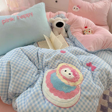 A牛奶四件套卡通毛巾绣被套法兰绒床单珊瑚学生宿舍被子三件套