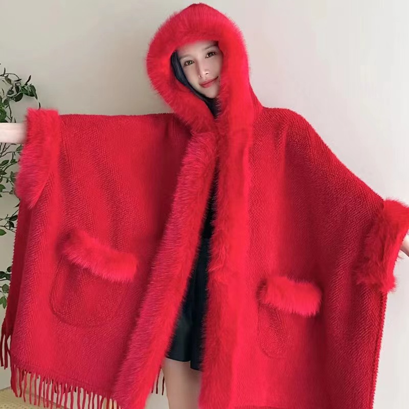 Extra Fleece, extra dicker Wollkragen, Kapuzentasche, Schal, Umhang, lockere Strickjacke, großer Wollmantel für Damen_voghion.com