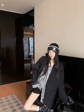 2025新款设计感黑色翻领西装外套女装秋季复古宽松中长款西服上衣