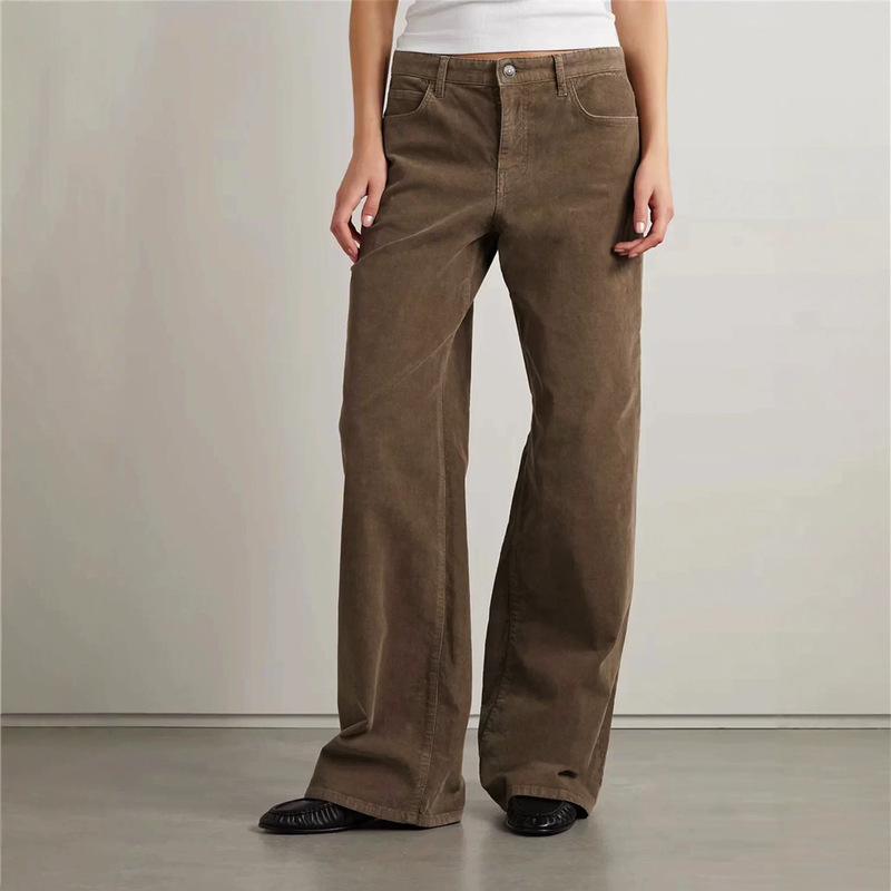 Women's corduroy pants, khaki brown, casual, trendy, versatile, simple, loose-fitting, straight-leg style, suitable for spring and autumn