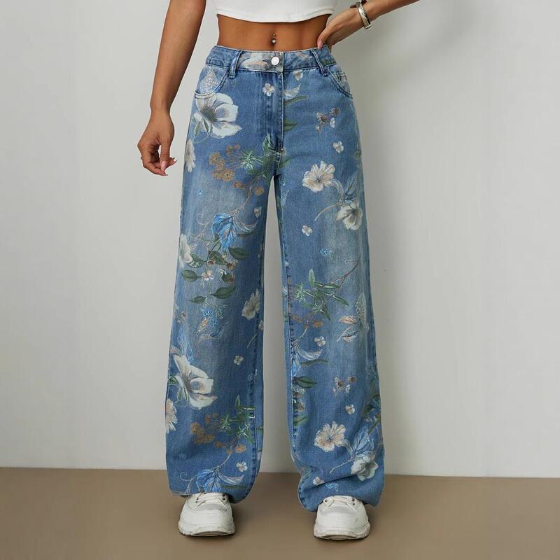 Temu Amazon Cross-Border Aliexpress European and American Street Fashion Loose Straight Wide-Leg Printed Denim Pants Temu Amazon Cross-Border Aliexpress European and American Street Fashion Loose Straight Wide-Leg Printed Denim Pants