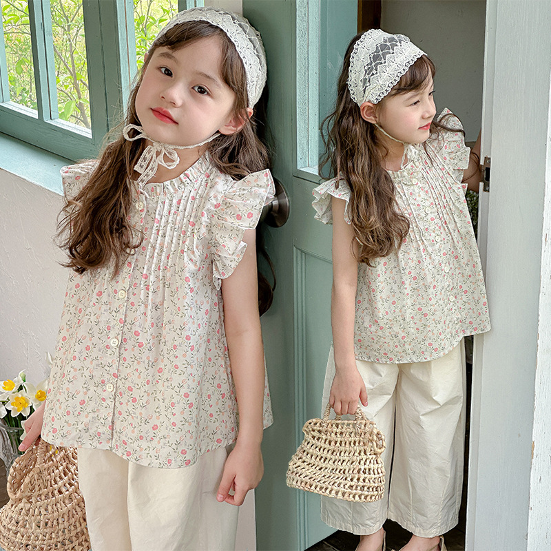 Girls' Summer 100% Cotton Short-Sleeved Shirt, Children's Pure Cotton Floral Print Top, Flutter Sleeve Button Cardigan, Korean Style, Loose Fit for Elementary School Students
