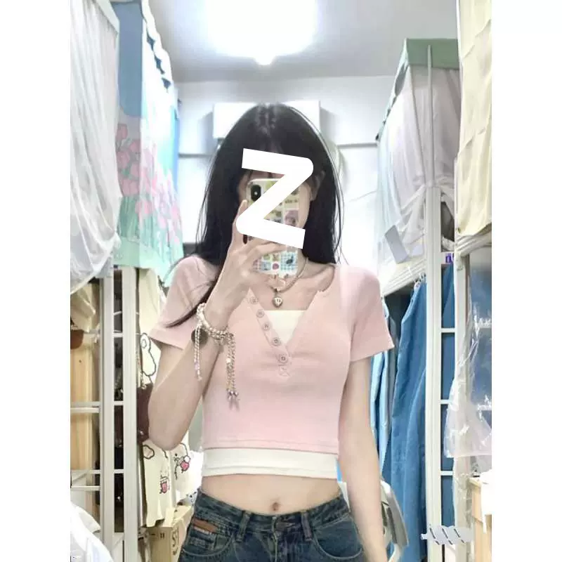 假两件拼接正肩T恤女2024夏季新款设计感修身打底衫内搭短款上衣