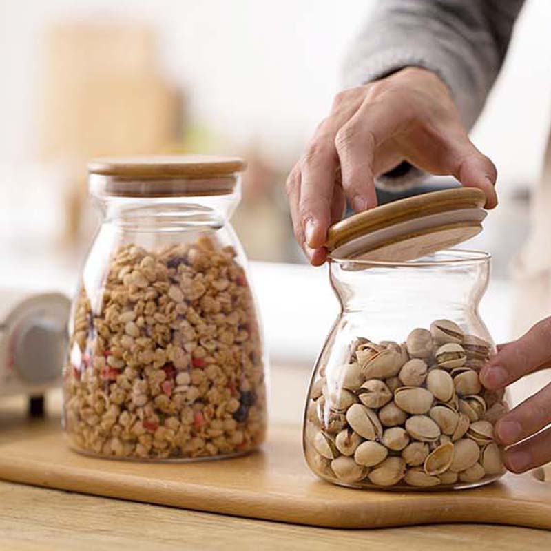 竹木盖透明玻璃密封罐厨房玻璃瓶茶叶罐食品糖果罐子玻璃罐