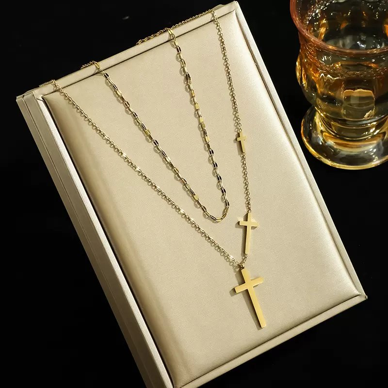 通体钛钢 金属球十字架吊坠不锈钢金色项链女不掉色锁骨链ins小众