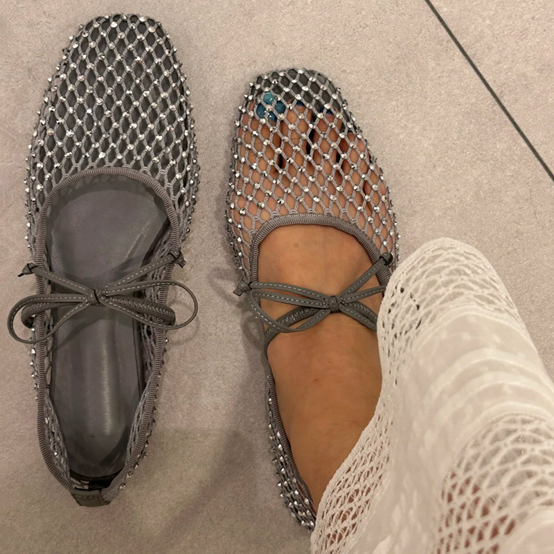 Japanese Rhinestone Mesh Bow Flats for Women 2025 New French Ballet Flats with One Strap Mary Jane Shoes