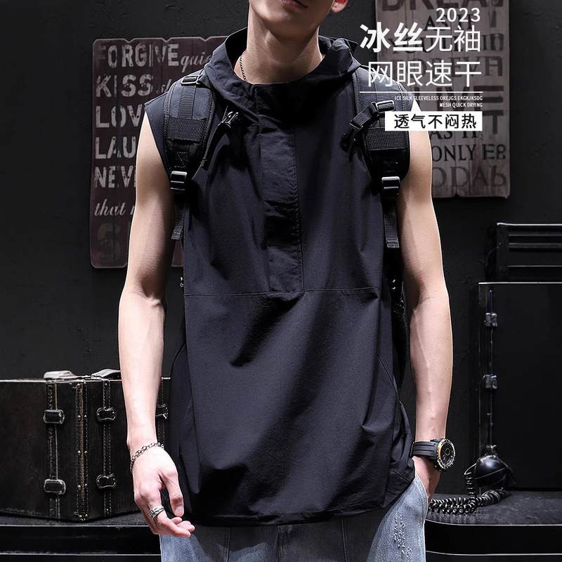 Summer Ice Silk Hooded Vest Men's Loose Casual Sports Fitness Handsome Sleeveless T-Shirt Men's Basketball Top Trendy Summer Ice Silk Hooded Vest Men's Loose Casual Sports Fitness Handsome Sleeveless T-Shirt Men's Basketball Top Trendy