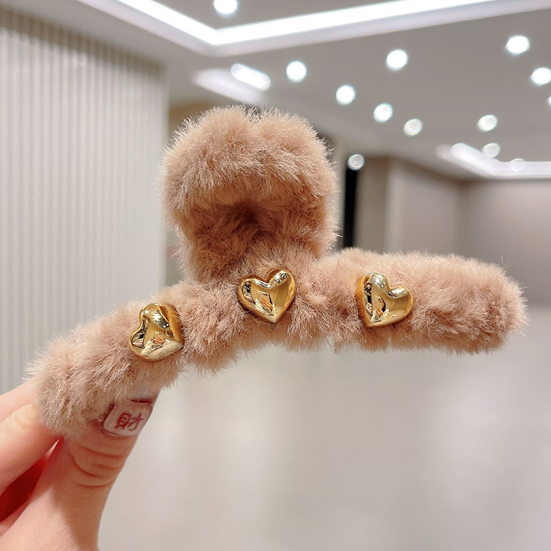 2026秋冬ミンクファー毛皮ヘアクリップ、高級感のある後頭部用大型シャーククリップ、ハート型キラキラ輝くダイヤモンド付き毛皮ヘアクリップ