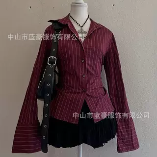 欧美跨境外贸性感长袖衬衫2025秋冬修身条纹衬衣女上衣批发新款