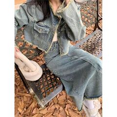 2025新款毛边牛仔套装女春秋复古时尚长袖外套高腰半身裙两件套潮