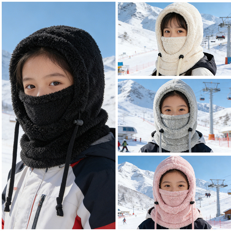 Children's Windproof Plush Hat and Scarf Combo, Winter Warm Fleece-Lined Thickened Pullover Hat for Boys and Girls