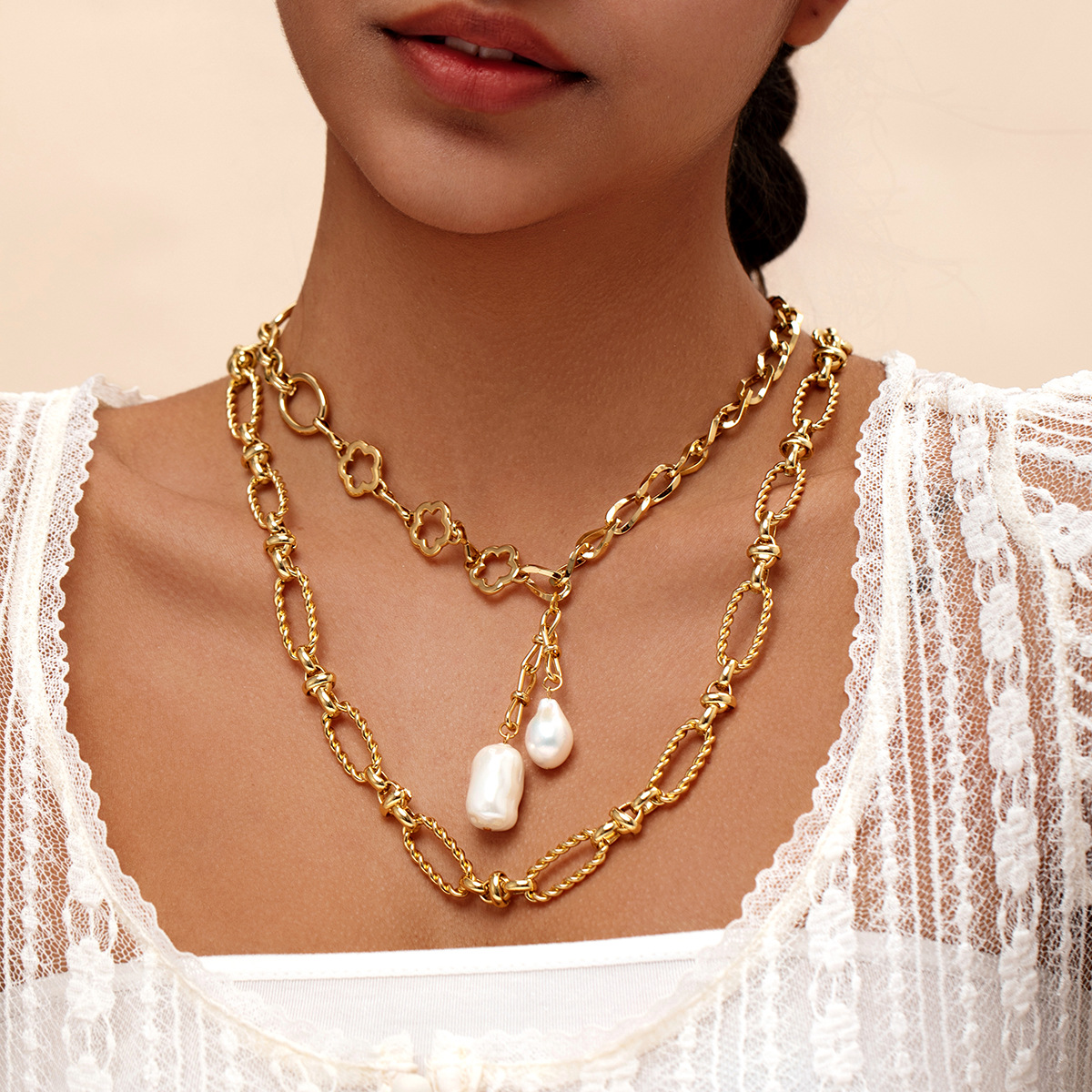 78g Weight Wholesale Jewelry Baroque Style Modern Style Geometric Titanium Steel Plating Double Layer Necklaces
