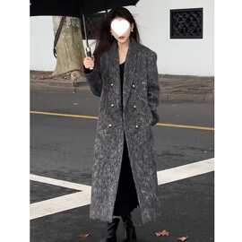 感赫本风加棉加厚毛呢外套女秋冬季新款气质垫肩长款灰色批发