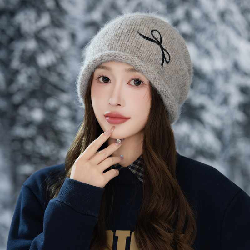 帽子女秋冬可爱蝴蝶结刺绣毛线帽加绒防寒保暖帽休闲百搭抽绳冷帽|undefined