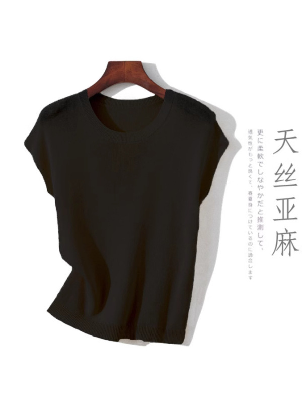 テンセルリネンセーター半袖Tシャツレディース2025夏万能痩身ボトムシャツ無地トップルーズ|undefined