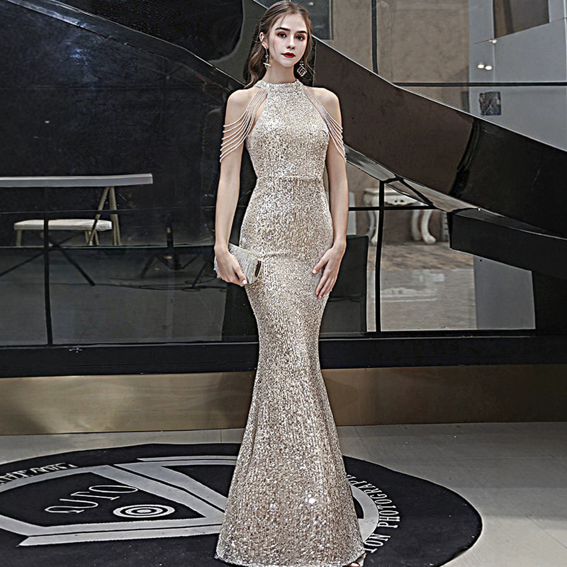 Evening dress for women, elegant and luxurious, niche high-end, suitable for company annual meetings, hostess parties, sequined long dress