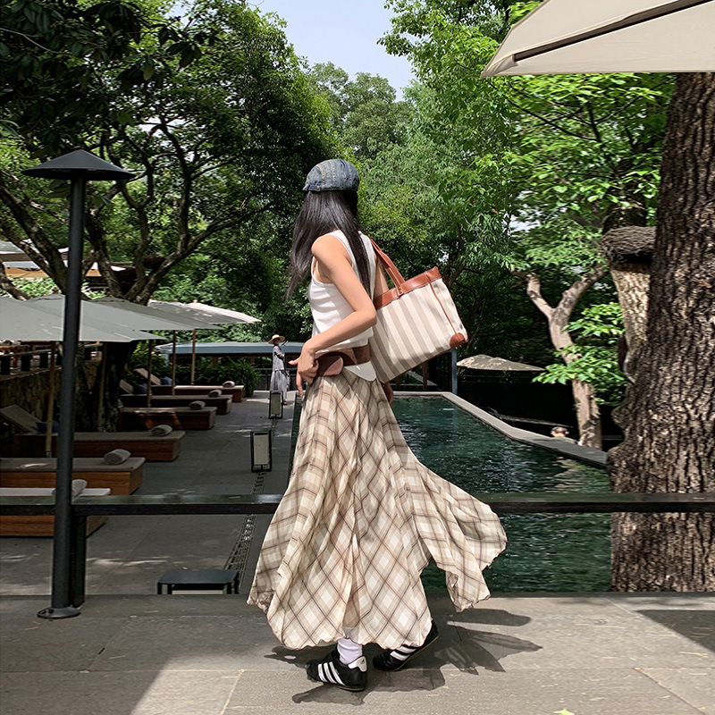 [Yunheyu] Irregular Plaid Skirt for Women 2025 Summer New Retro Versatile Skirt A-Line Long Skirt