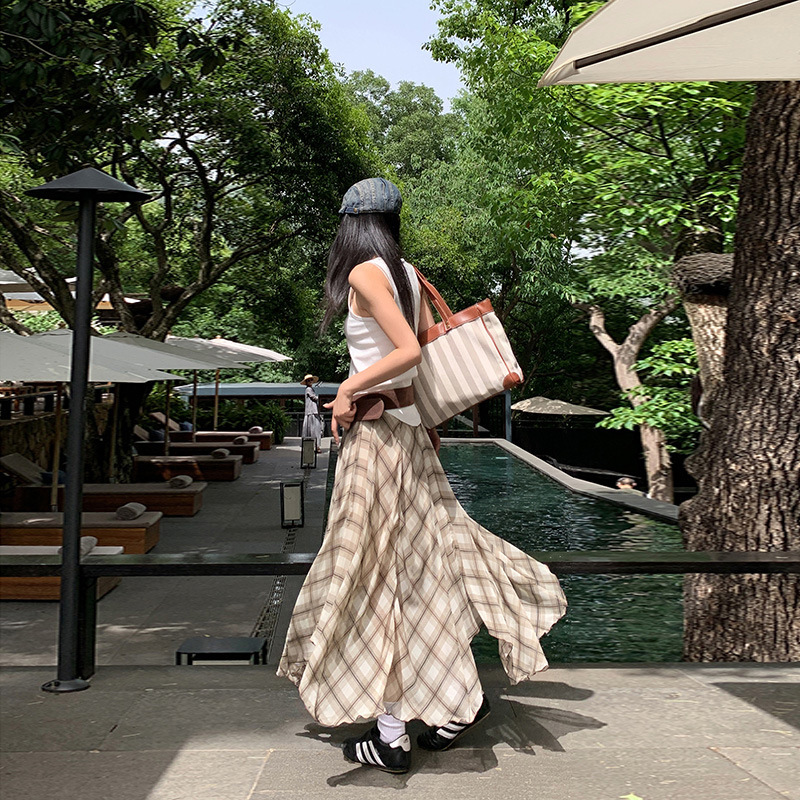 [Yunheyu] Irregular Plaid Skirt for Women 2025 Summer New Retro Versatile Skirt A-Line Long Skirt