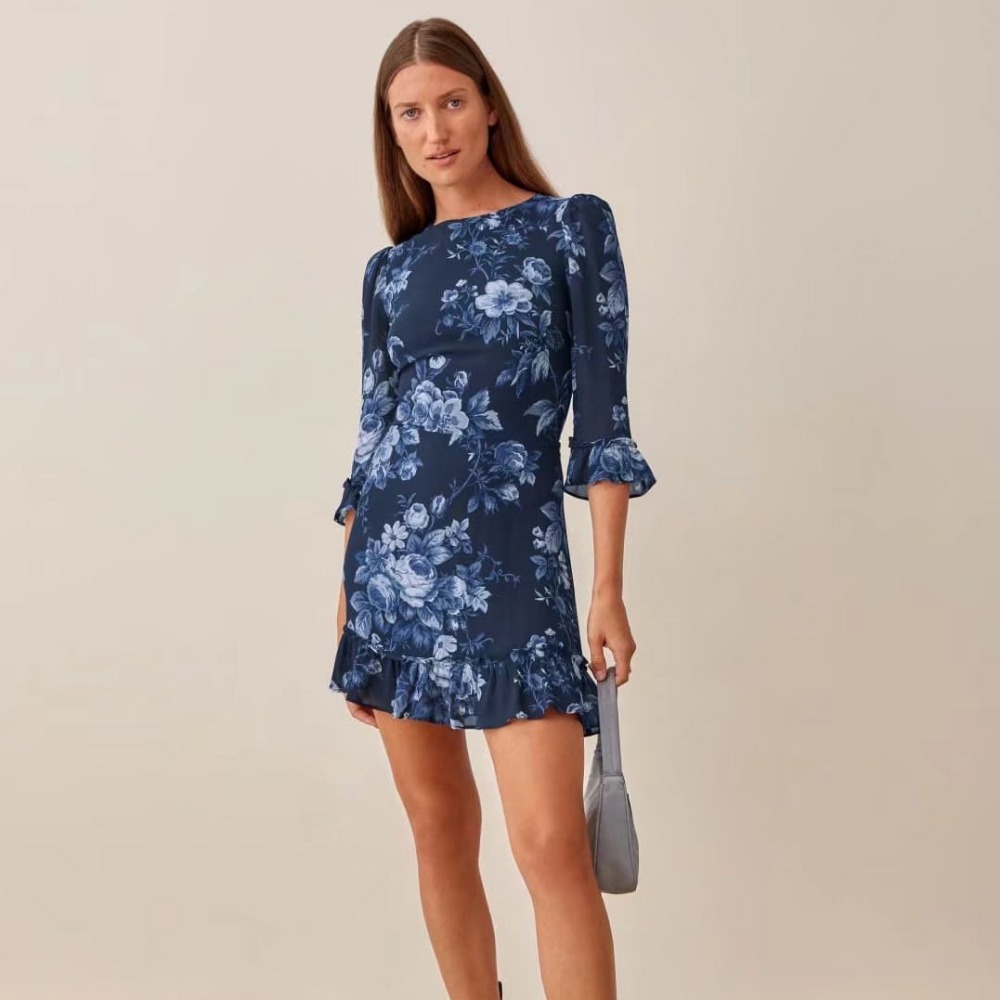 Round neck ruffle mid-sleeve slim flower printing dress NSXDX121481