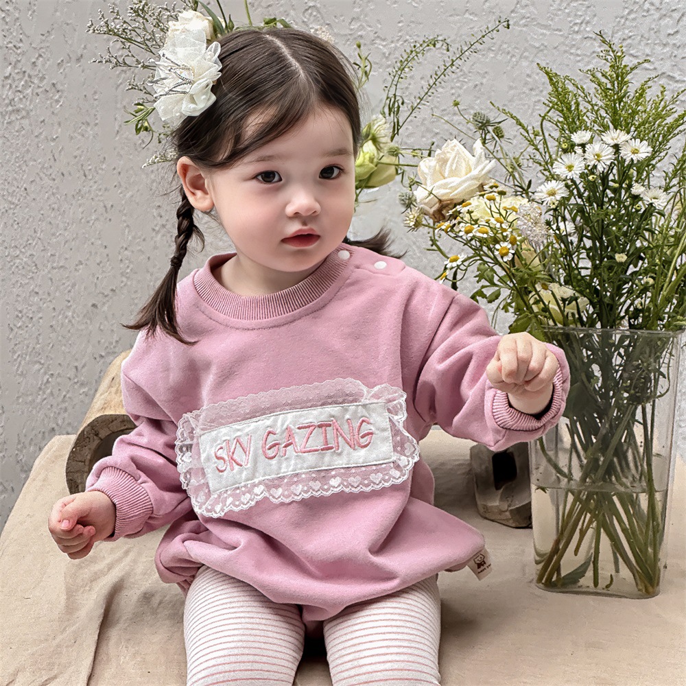 Ropa para niños coreanos, niñas, ropa de una pieza de encaje de estilo occidental, mameluco suelto, ropa de salida, ropa de manga larga para bebés femeninos