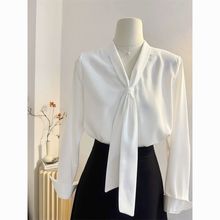时尚职业春秋白色衬衫洋气长袖飘带雪纺新款气质女士衬衣通勤上衣