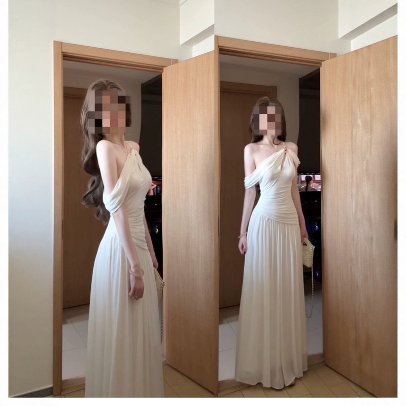 Plus-Size French-Style Sexy One-Shoulder Design with Twist Knot, Exquisite Early Summer Dress, High-End Resort Style, Stunning Long Dress Plus-Size French-Style Sexy One-Shoulder Design with Twist Knot, Exquisite Early Summer Dress, High-End Resort Style, Stunning Long Dress