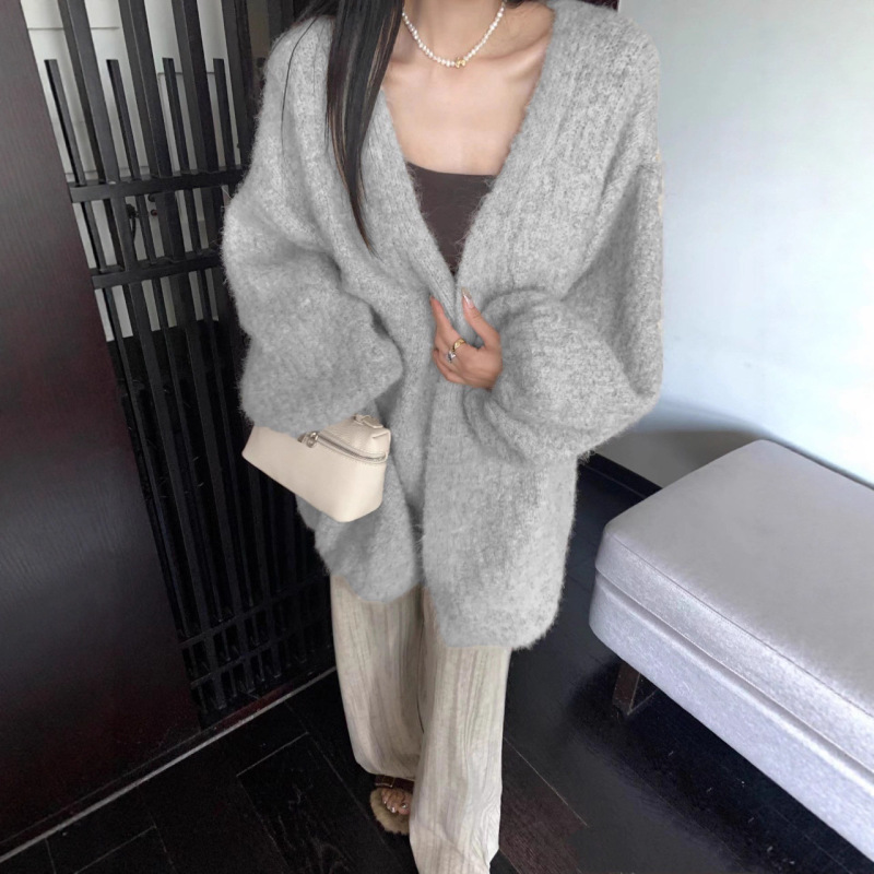 韩系慵懒风灯笼袖软糯毛衣外套女秋冬宽松大版气质洋气针织开衫|undefined