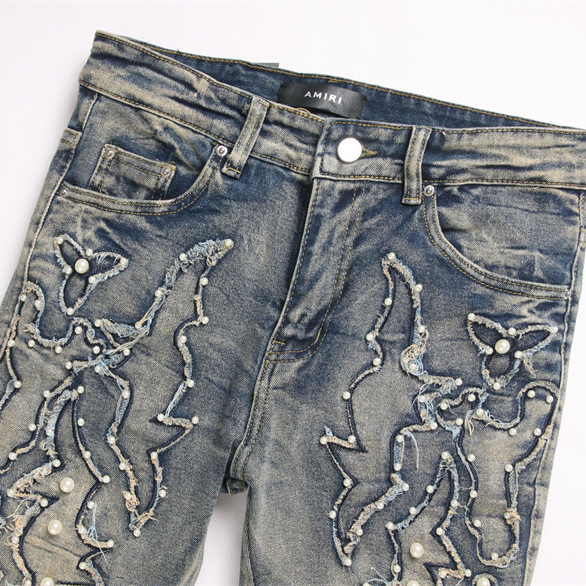 Comercio exterior estilo punk artesanía pesada elástica azul bordado cuentas de clavos de cintura de cuerno jeans de hombre 3971