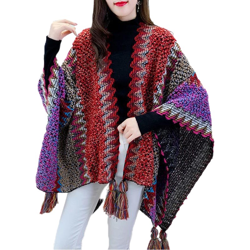 Knitted cape cape cardigan coat women's autumn and winter hanging ball thick Lijiang ethnic style knitted striped cape