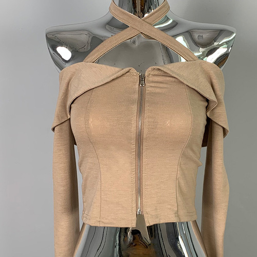 Korean off-shoulder long-sleeve tied-up top, showing chest, elegant temperament, Dongdaemun new item, trendy, womanly charm, sexy women's T-shirt