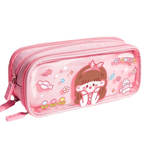 Transparent pencil case for primary school students girl version cartoon cute stationery pencil case canvas high appearance value super large capacity
