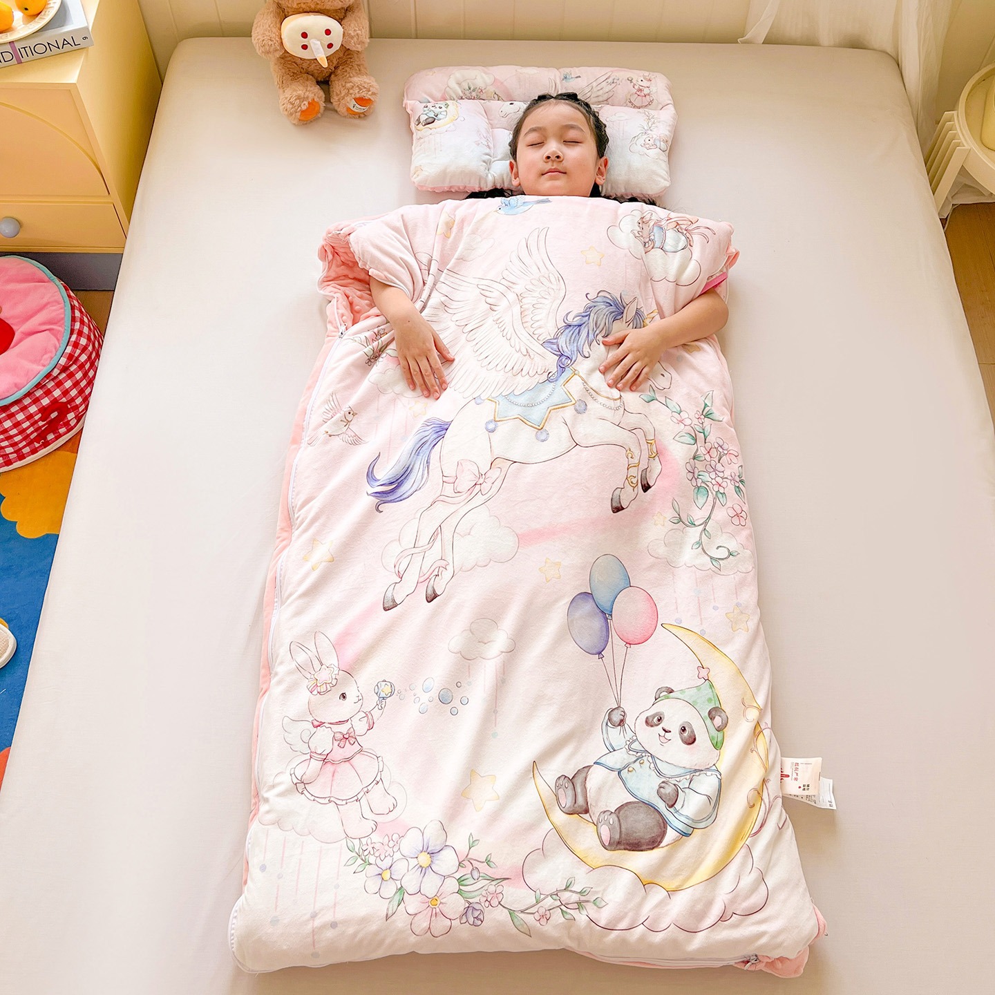 ins风手绘新款A类宝宝绒小环抱防踢被睡袋幼儿园儿童防着凉豆豆被
