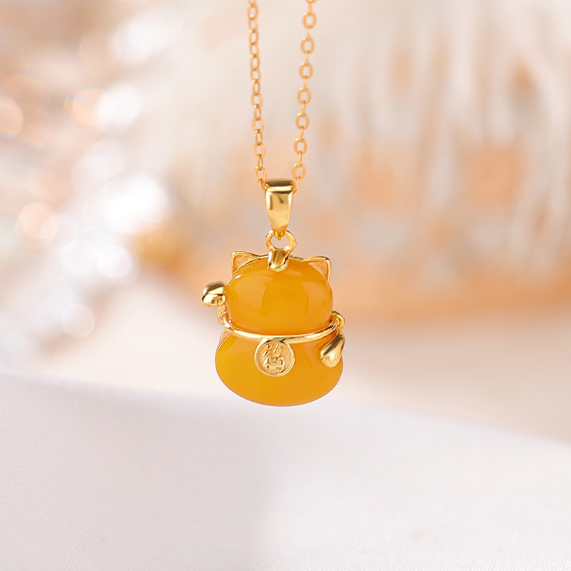 Mặt dây chuyền bạc S925 mạ vàng sáp ong hình đồng xu chữ may mắn và mèo may mắn phong cách cổ điển — Mặt dây chuyền đơn (không có dây chuyền)