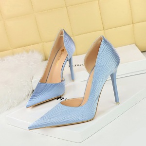 1298-6 Korean Edition Banquet High Heels Slim Heels Super High Heels Shallow Notched Side Cut Wave Embossed Satin Single