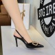 312-K202 French high heels for women, pointed toe, shallow mouth, patent leather, fine heel, gold rhinestone, V-buckle, straight strap, single shoe for women