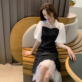V9820法式假两件牛仔拼接连衣裙子女2026夏季新款设计感收腰泡泡