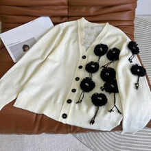 深圳南油原單外貿女裝早春明星同款重工煤球刺綉可愛減齡羊毛開衫