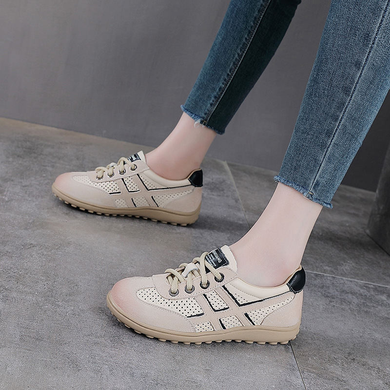 Giày sneaker nữ da bò thật lỗ thoáng khí đế bệt nhẹ phong cách Đức Huấn — màu be